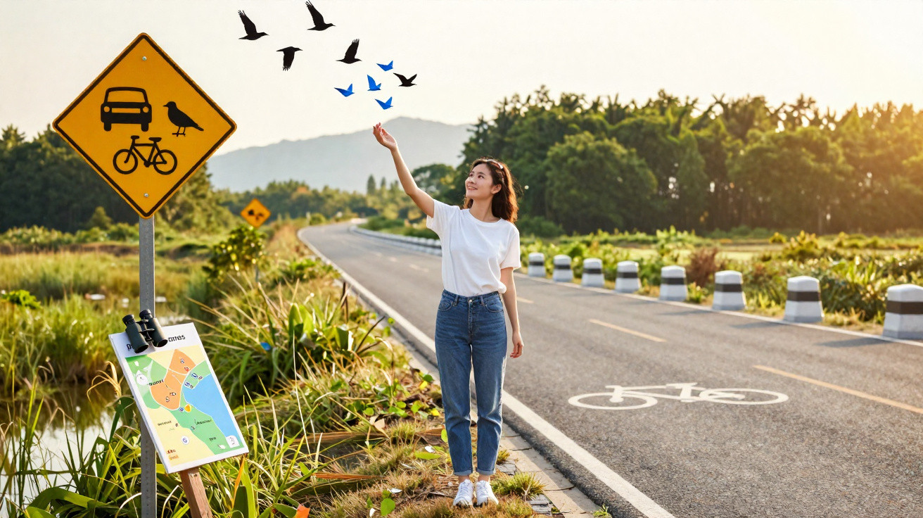 Mulher em camiseta branca ao lado de estrada com placa de trânsito e mapa, sol da tarde e pássaros voando.