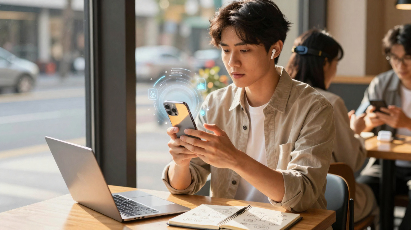 Jovem usando fones sem fio visualiza celular com holograma perto de laptop e caderno em café.
