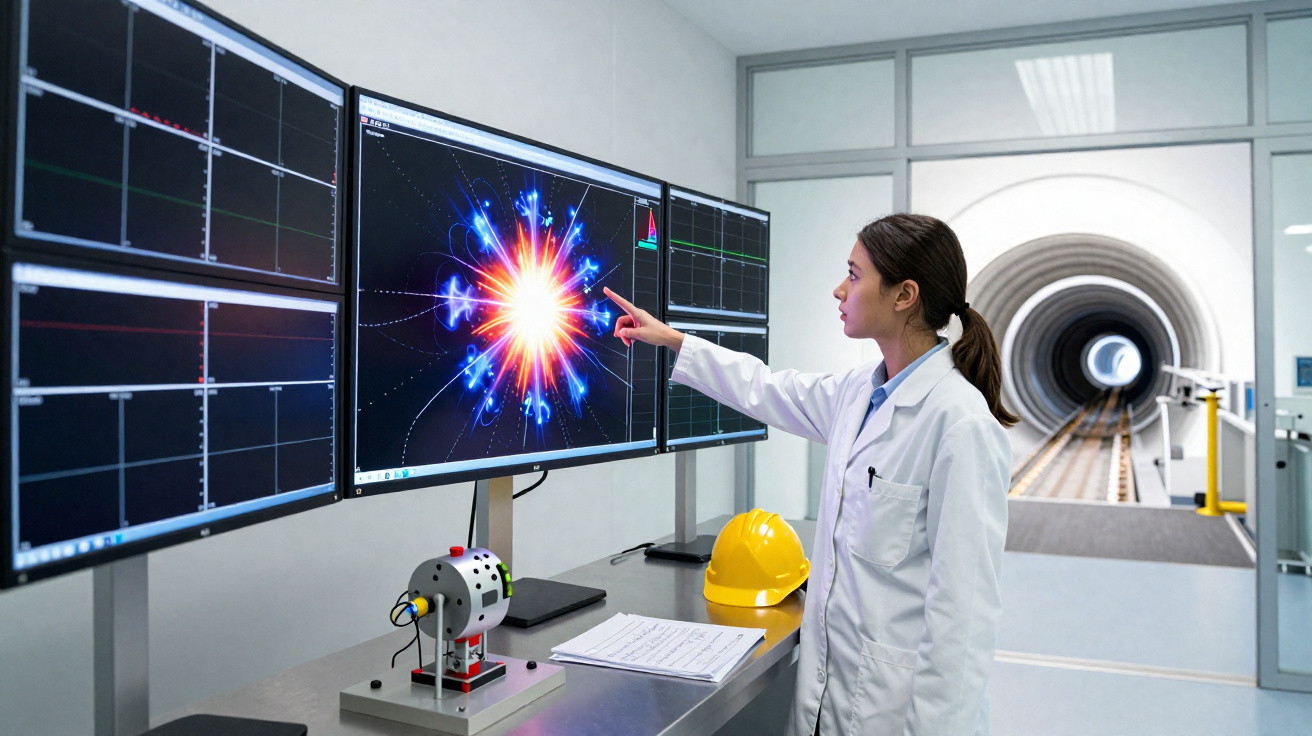 Mulher cientista em laboratório aponta para imagem de explosão em tela com equipamento tecnológico ao lado.