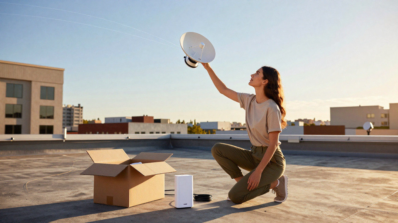 Mulher ajoelhada no telhado instalando antena parabólica ao lado de caixa de papelão aberta.