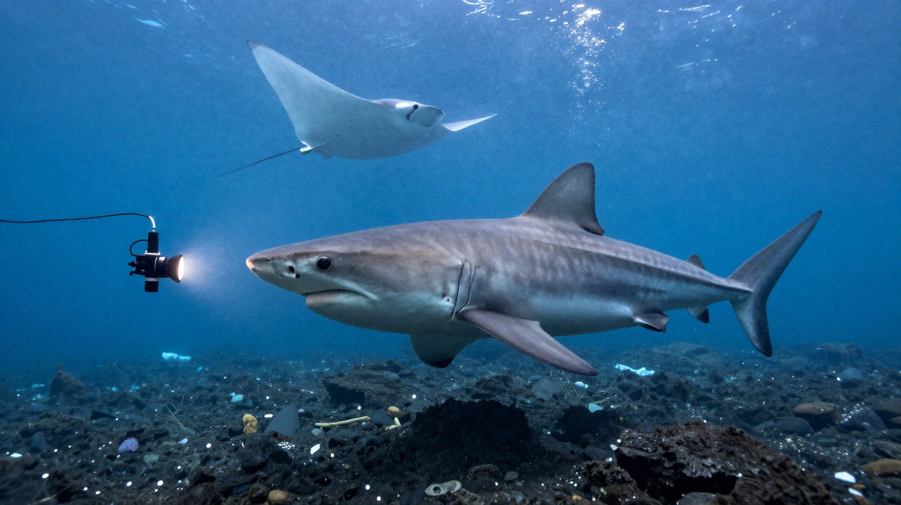 Tubarão-tigre e arraia nadam próximos ao fundo do oceano iluminados por luz subaquática.