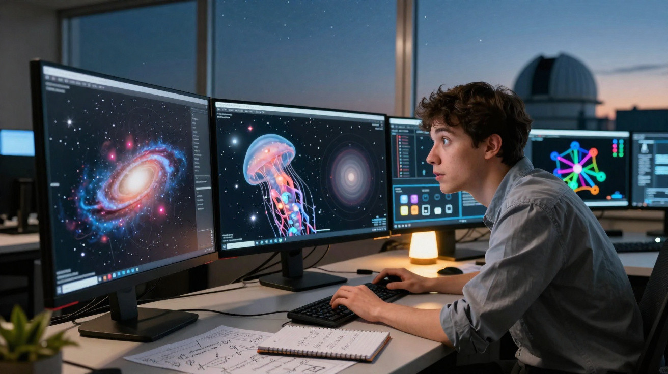 Jovem cientista observa imagens cósmicas de galáxia e água-viva em monitores em laboratório à noite.