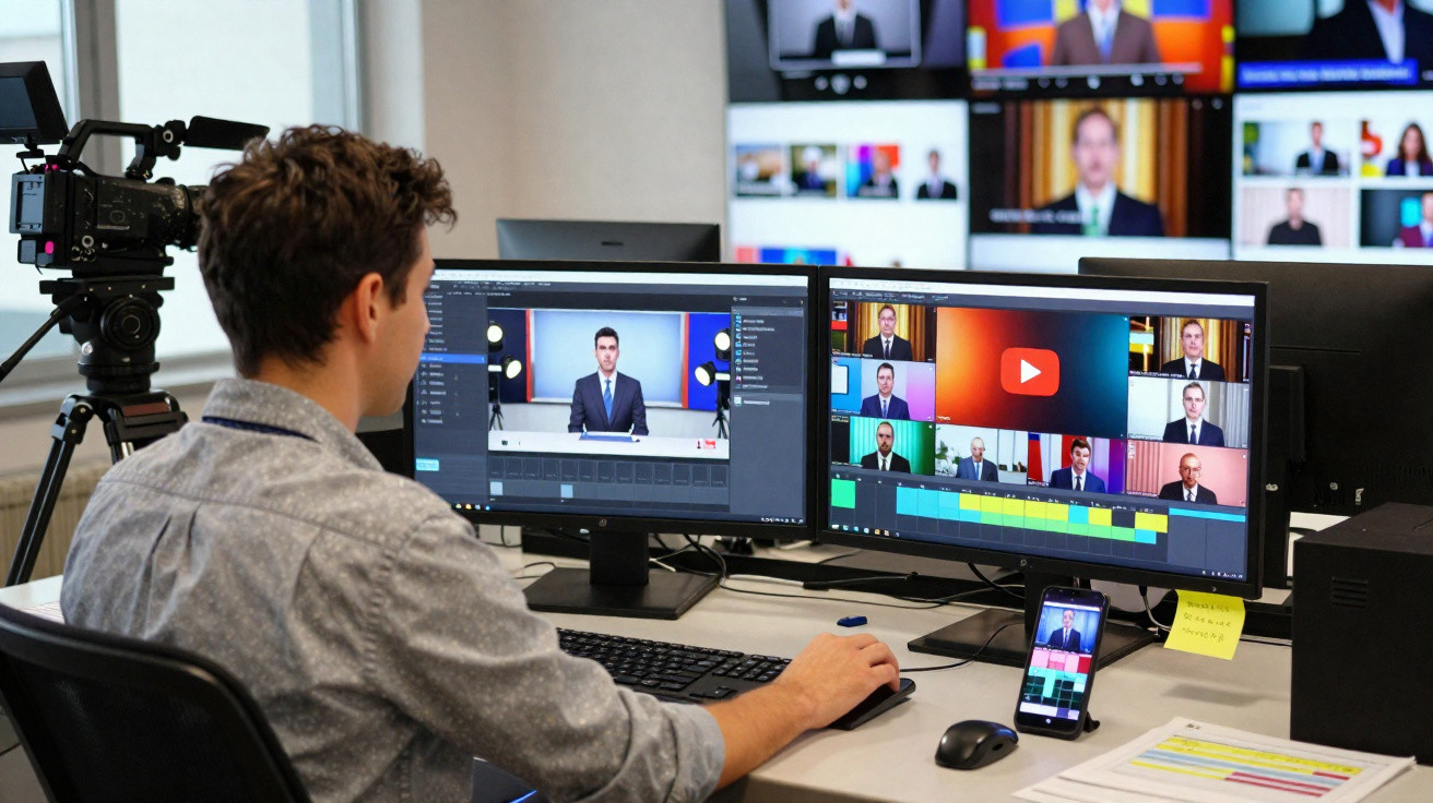 Homem editando vídeo de apresentador em estúdio usando computador com múltiplas telas e câmera profissional.
