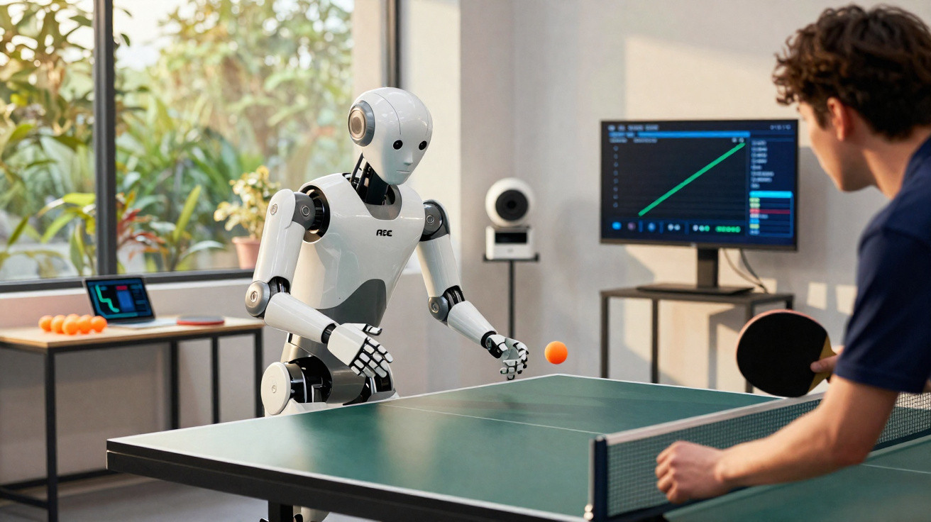 Robô jogando tênis de mesa com homem em ambiente moderno de escritório.