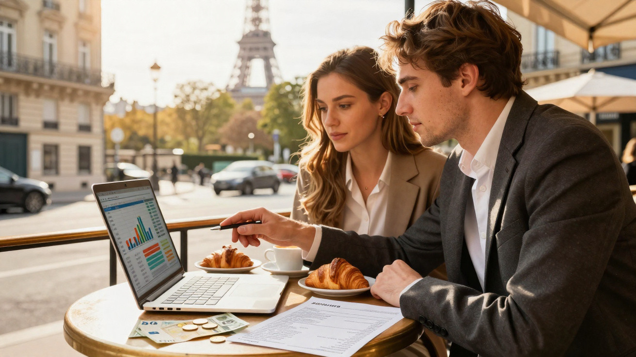 Duas pessoas analisam gráficos no laptop em café ao ar livre com croissants e vista da Torre Eiffel ao fundo.