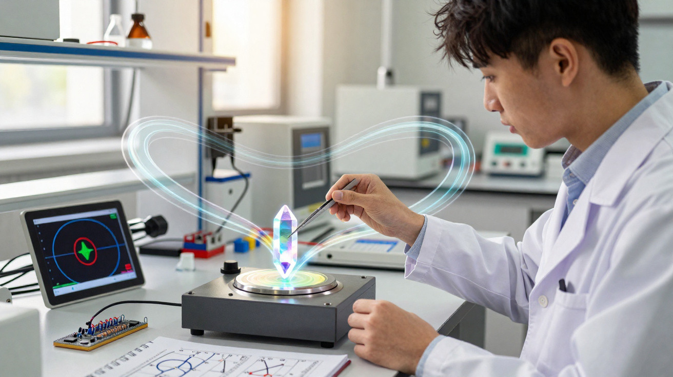 Cientista em laboratório manipulando cristal futurista com ferramenta e holograma colorido vibrante.