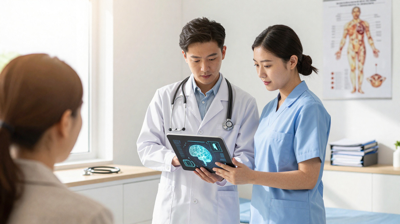 Dois profissionais de saúde, médico e enfermeira, analisam imagem cerebral em tablet durante consulta.
