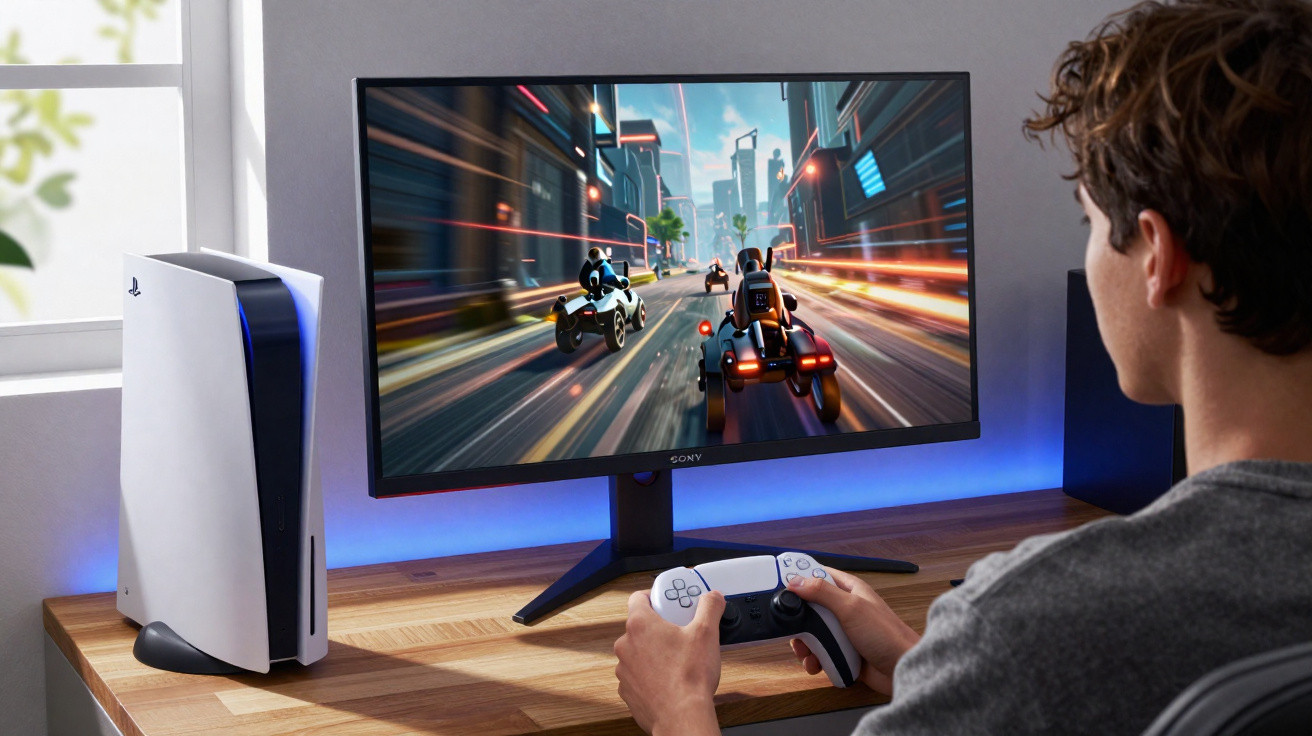 Pessoa jogando videogame com controle branco em monitor grande, console PlayStation 5 ao lado.