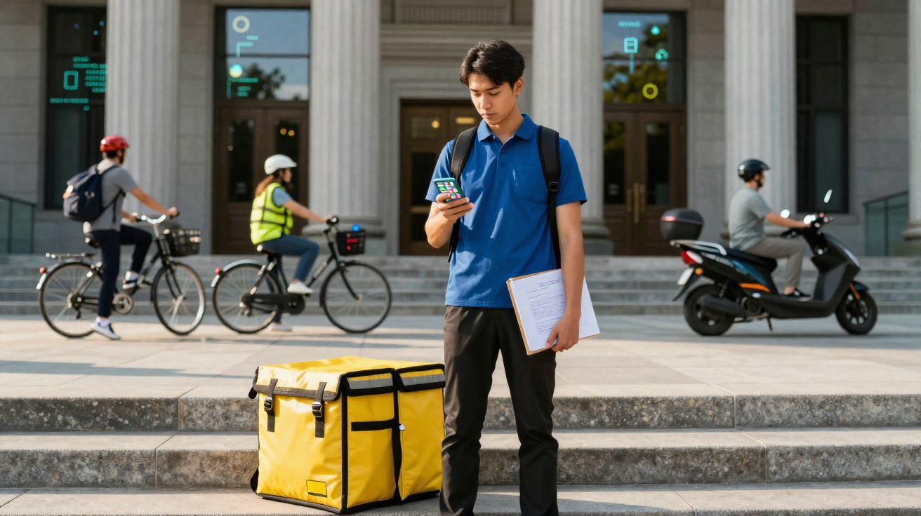 Jovem com mochila e bolsa térmica amarela verifica celular na frente de prédio enquanto biciletas e moto passam.