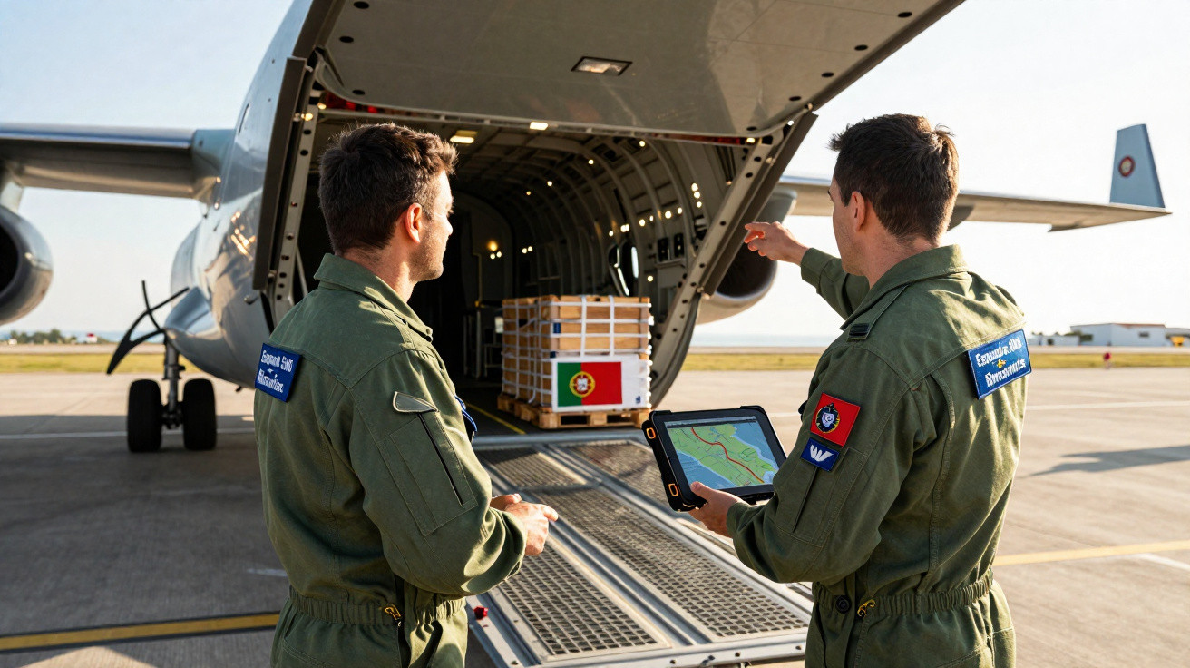 Dois militares em uniforme analisam um tablet próximo à entrada de um avião militar com carga em pallets.