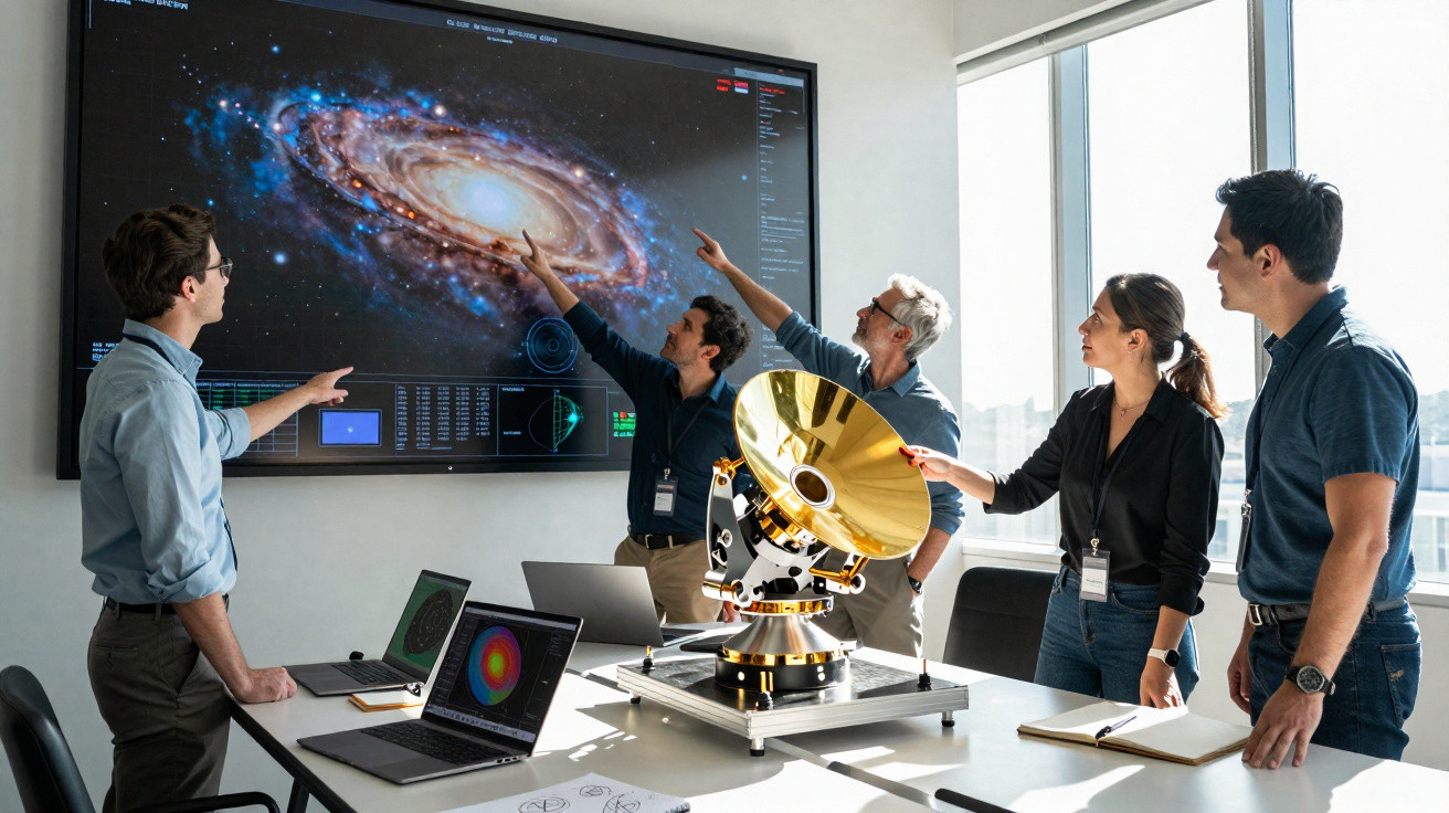 Equipe de cientistas analisa imagem de galáxia em tela grande durante reunião em laboratório moderno.