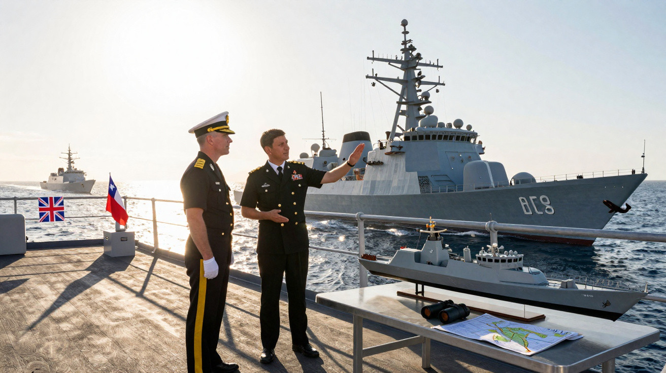 Dois oficiais da marinha em convés com miniatura de navio e navios de guerra ao fundo no mar.