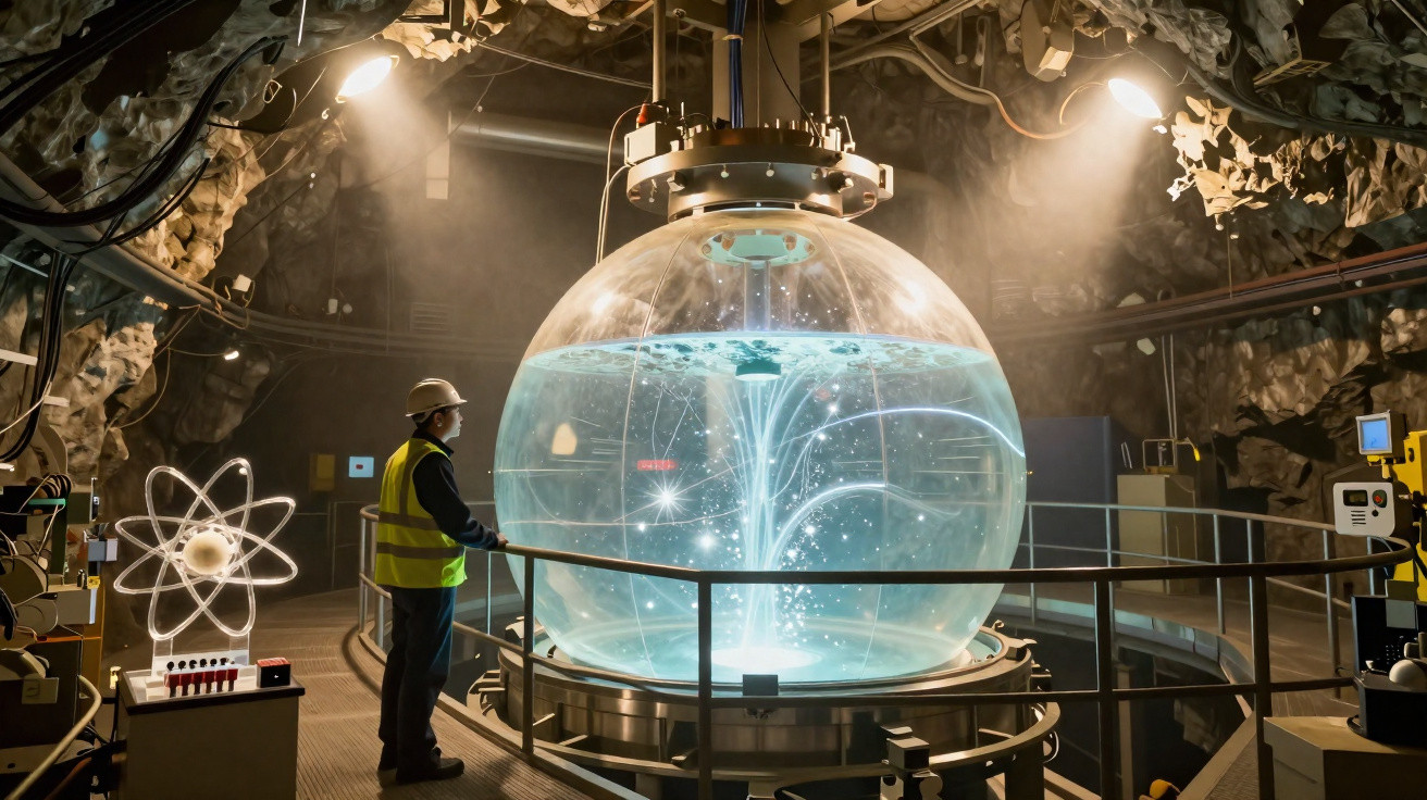Técnico observa grande esfera de vidro com líquido e luzes em laboratório subterrâneo iluminado.
