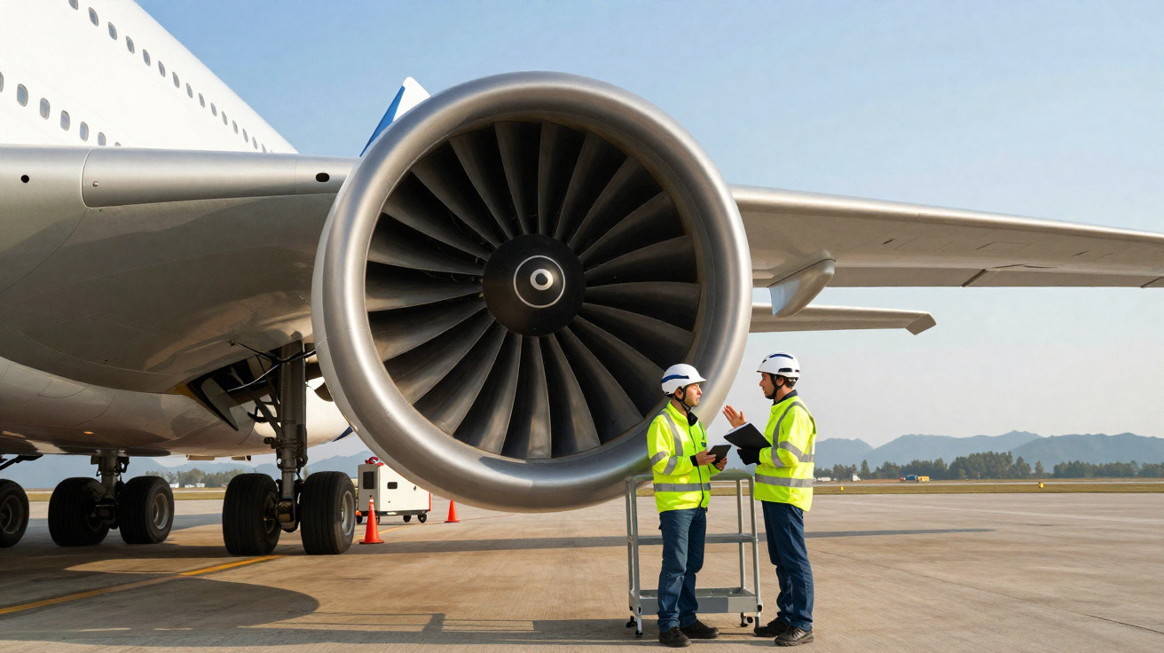 Dois técnicos em colete refletivo e capacete discutem perto da turbina de um grande avião estacionado no aeroporto.