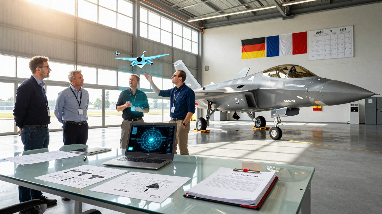 Quatro homens discutem projeto com drone azul, jato militar e documentos em hangar iluminado por luz natural.