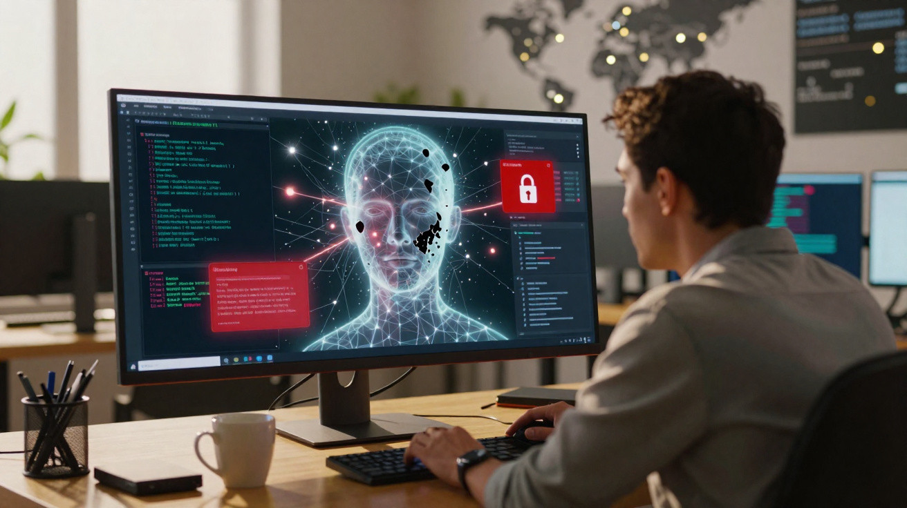 Pessoa analisando dados de reconhecimento facial em computador com interface digital e ícone de cadeado vermelho.
