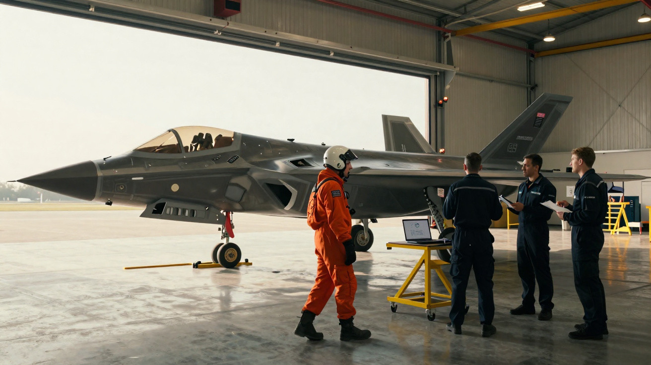 Avião militar estacionado em hangar com três técnicos e um piloto em traje laranja próximos a ele.