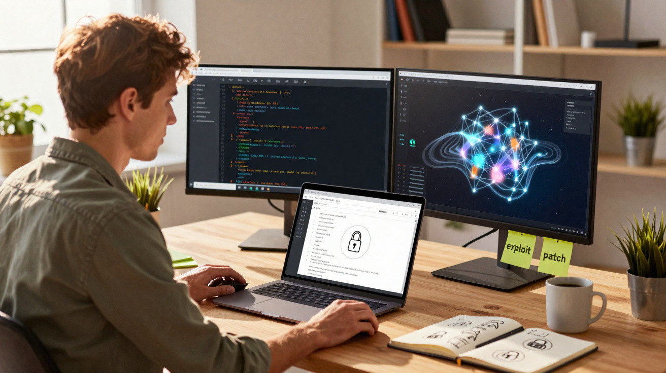 Homem trabalhando com programação e segurança cibernética em computador com três telas em escritório.