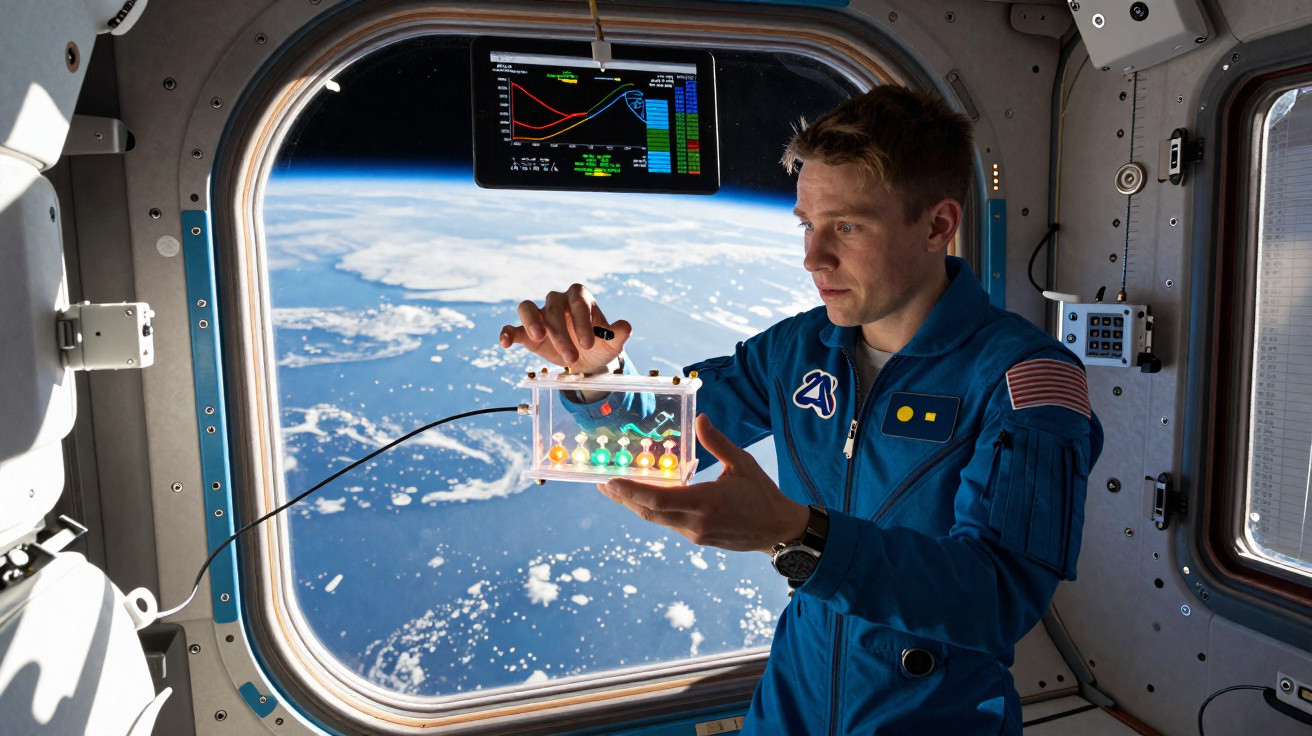 Astronauta em traje azul manipula dispositivo luminoso dentro da estação espacial com vista para a Terra.