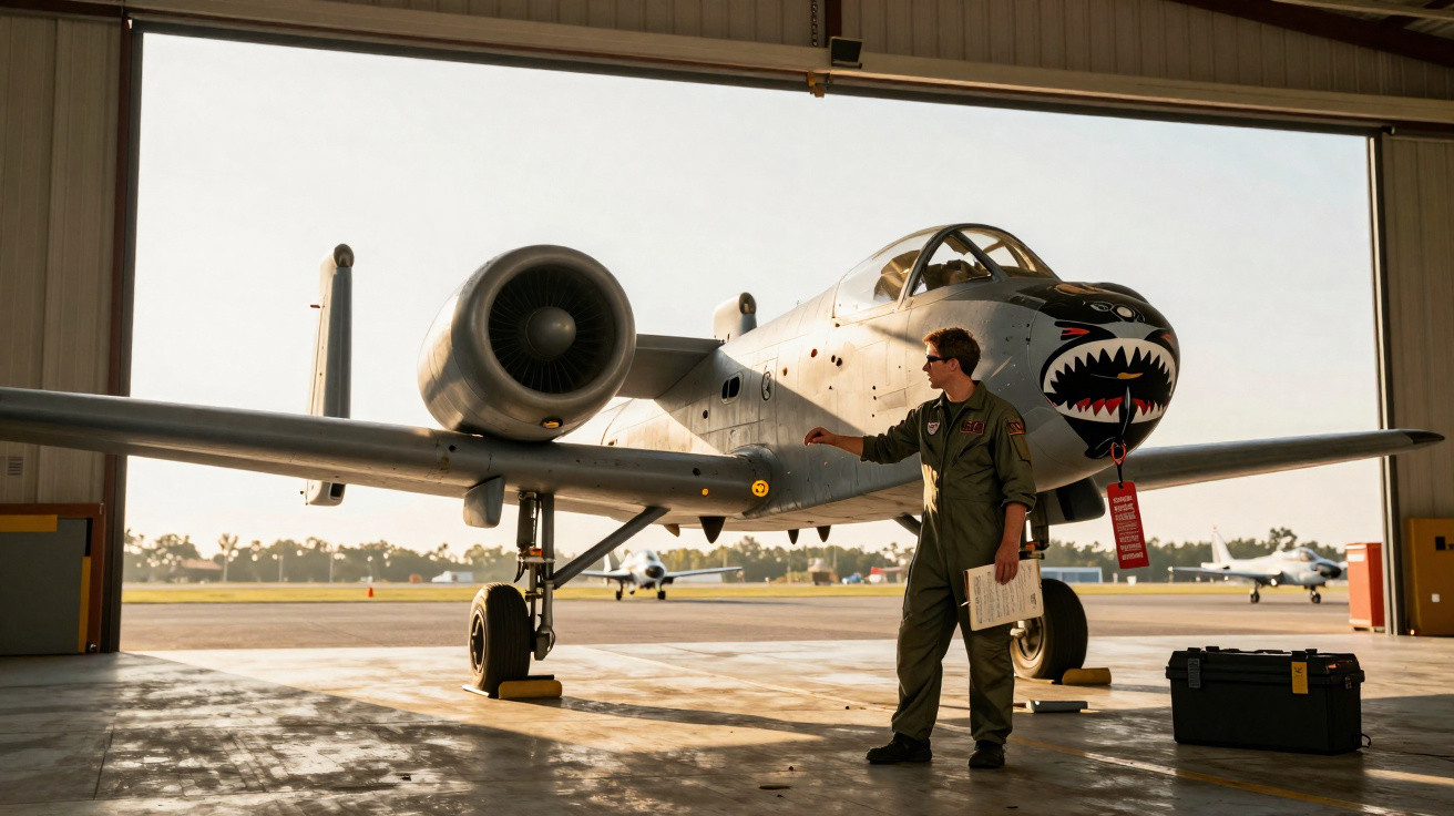 Avião militar A-10 em hangar com piloto em uniforme verde analisando a aeronave ao amanhecer.