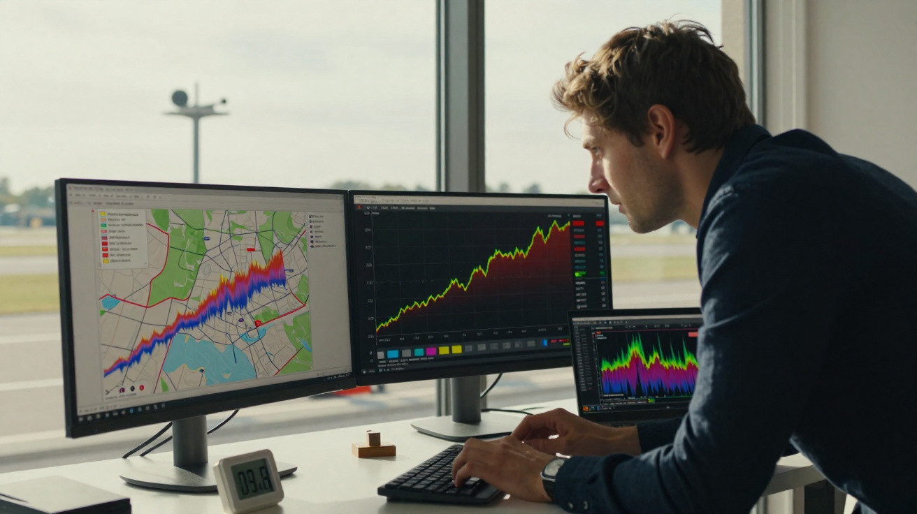Homem analisando gráficos financeiros e mapa em dois monitores na frente de uma janela grande.