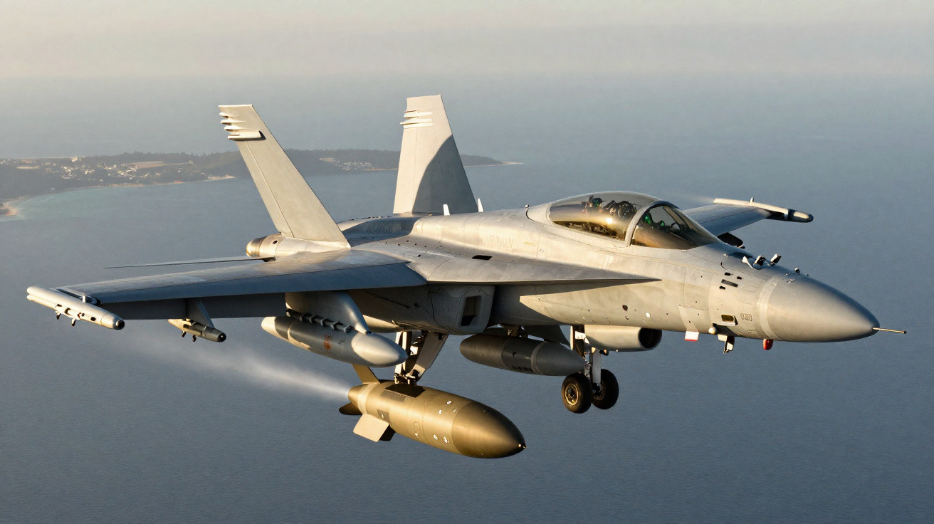 Avião de combate militar cinza com armamento voando sobre o mar em céu claro.