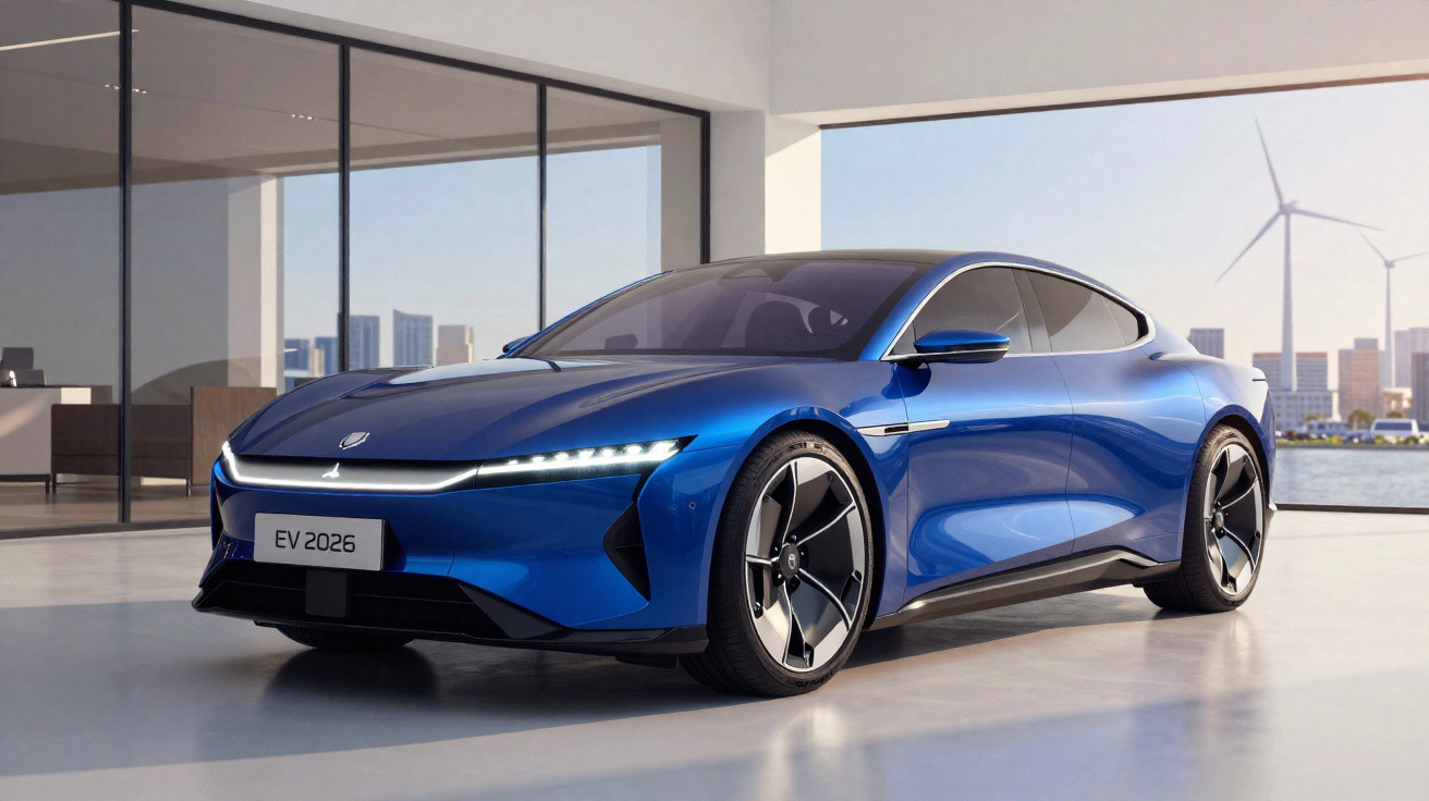 Carro elétrico esportivo azul estacionado em garagem moderna com turbinas eólicas e cidade ao fundo.