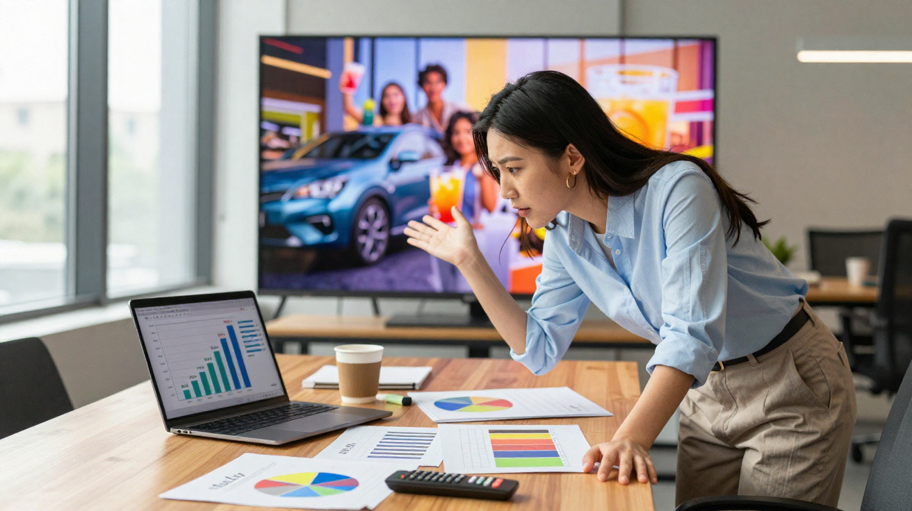 Mulher analisa gráficos e dados em laptop e papéis durante reunião em escritório moderno.