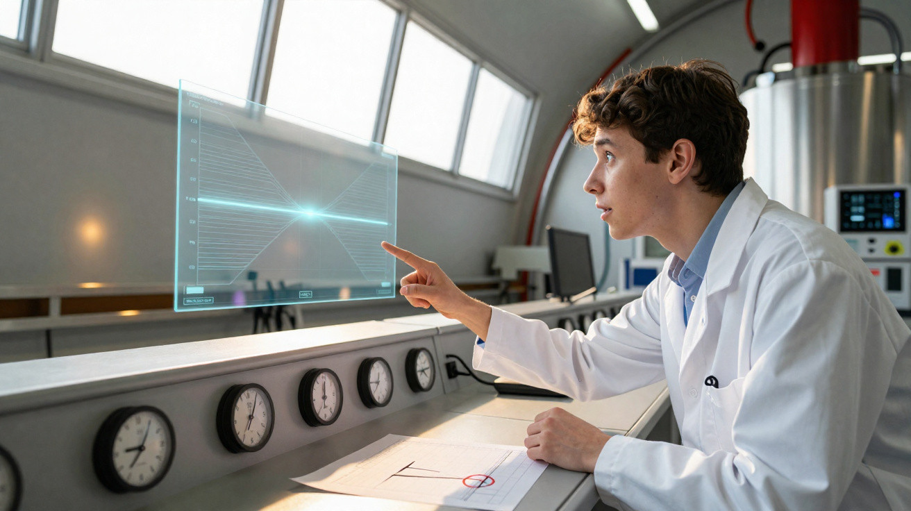 Homem com jaleco branco interage com tela holográfica em laboratório tecnológico moderno.
