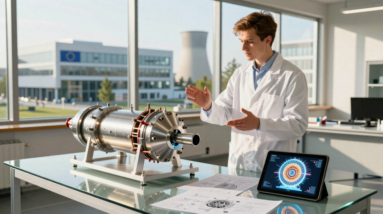 Cientista em laboratório explica modelo metálico com tela digital e plantas técnicas sobre mesa de vidro.