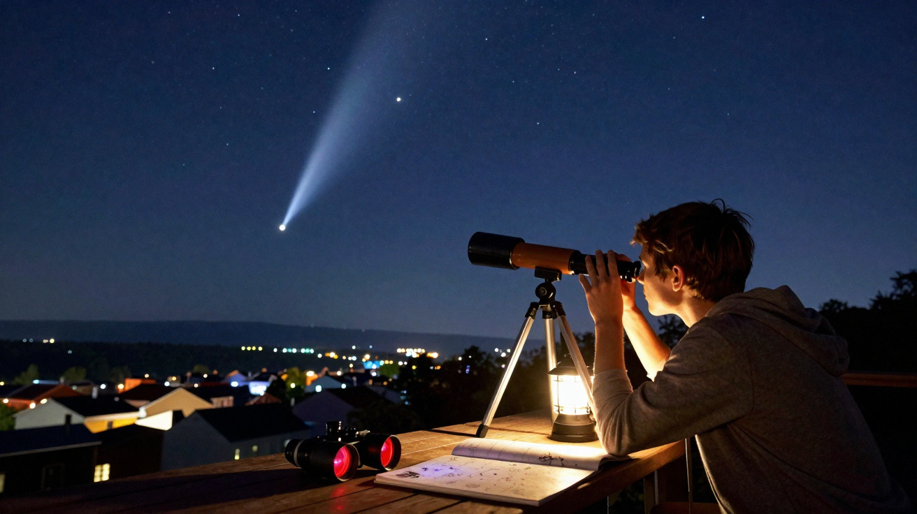Jovem observa com telescópio um cometa brilhante no céu noturno sobre uma cidade iluminada.