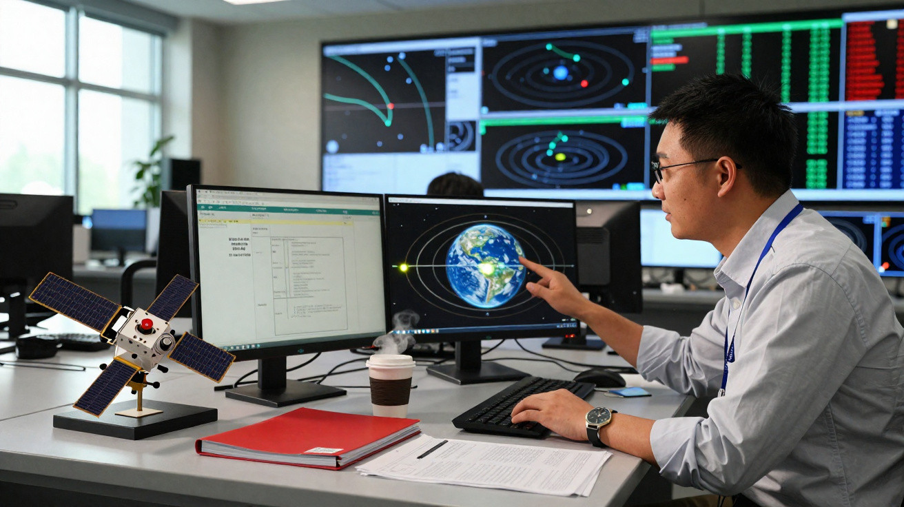 Homem analisa imagem da Terra em monitor de computador em escritório de monitoramento espacial.