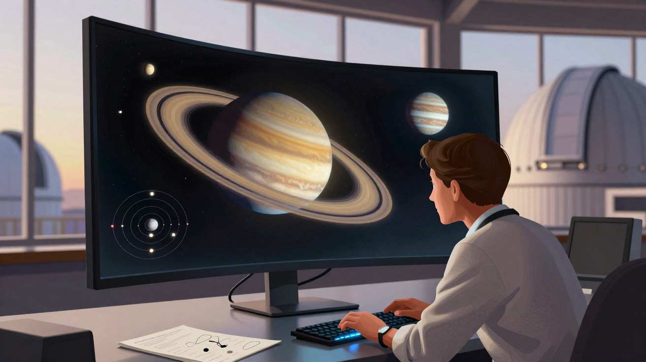Homem estudando imagens de planetas do sistema solar em tela curva em sala com telescópio ao fundo.