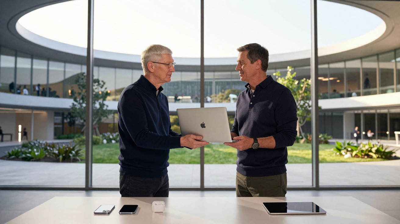 Dois homens trocando um notebook Apple em ambiente moderno com grandes janelas e jardim ao fundo.