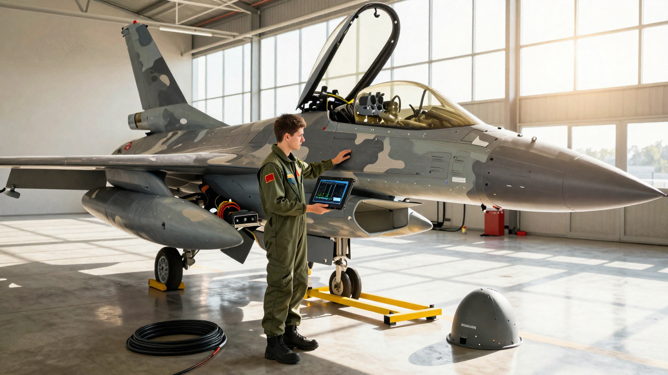 Homem em uniforme militar realiza manutenção em caça tático cinza dentro de hangar iluminado.