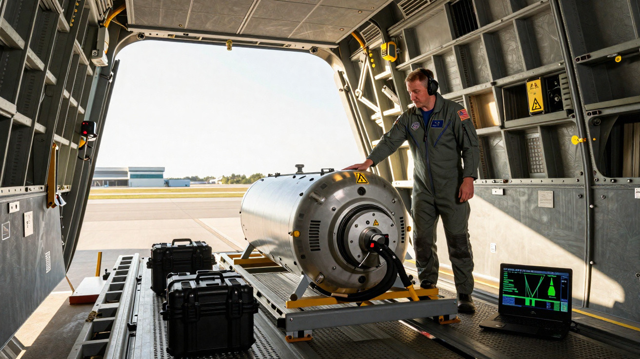 Homem em macacão militar verifica equipamento cilíndrico dentro de aeronave com laptop ligado ao lado.