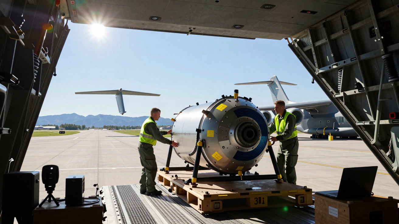 Dois homens com coletes refletores inspecionam equipamento cilíndrico em aeronave militar no aeroporto.