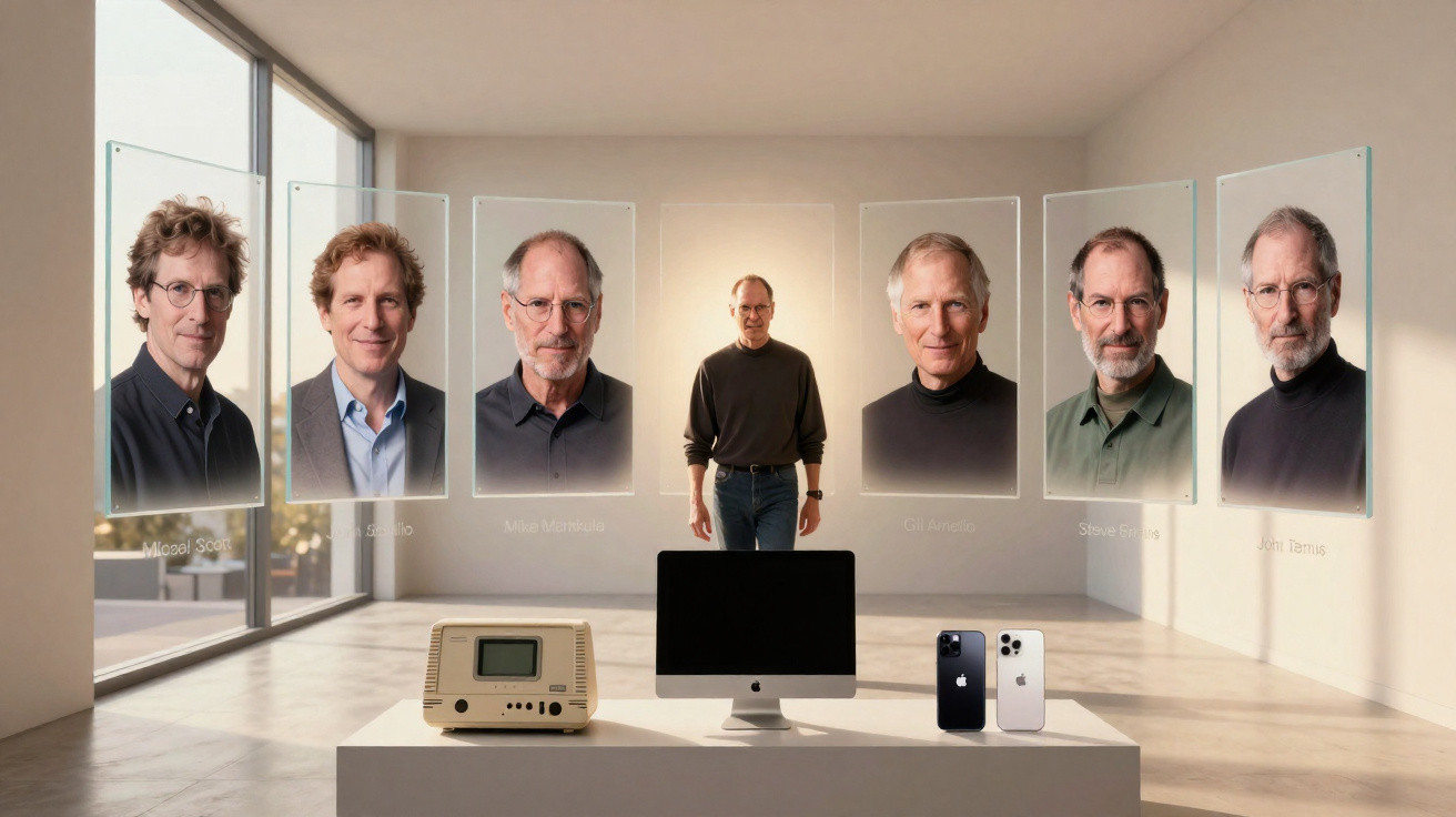 Homem em sala com retratos de Steve Jobs e produtos Apple antigos e modernos exibidos.