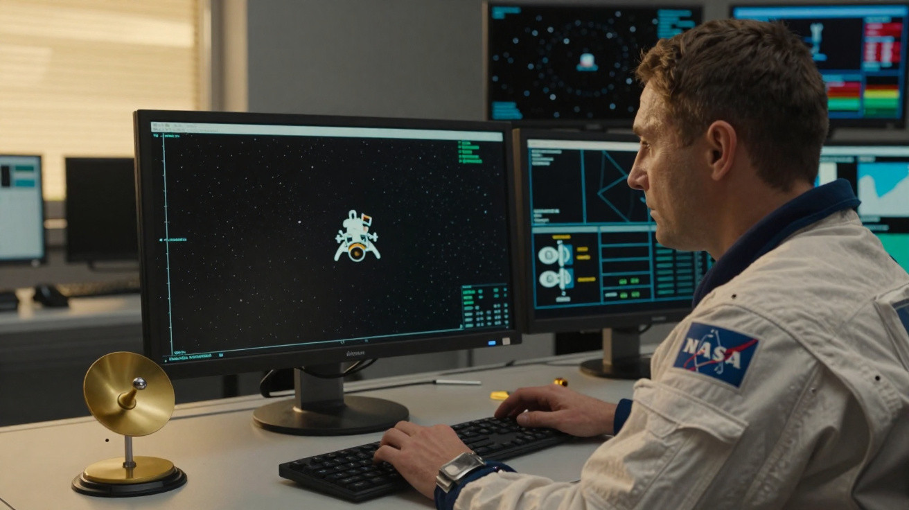 Homem com roupa da NASA observa nave em tela de computador em ambiente de controle espacial.