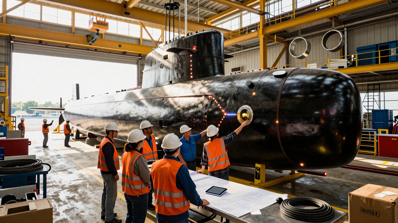 Equipe de engenheiros inspeciona submarino preto em estaleiro com planta sobre mesa na frente.