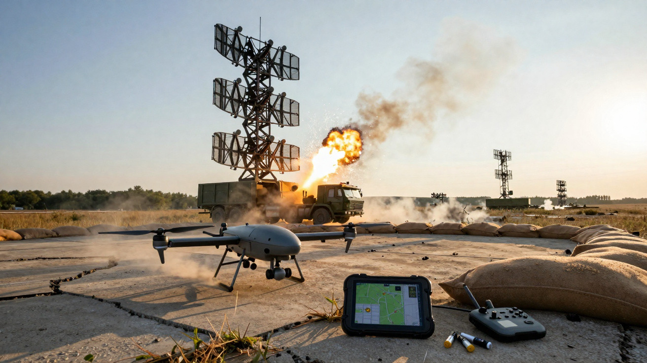 Drone e controle remoto no chão com caminhão militar lançando míssil ao fundo em área aberta.