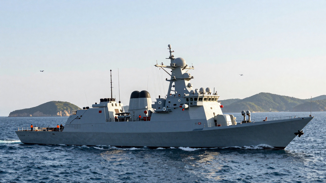 Navio militar cinza navegando no mar com ilhas ao fundo, céu claro e duas aeronaves ao longe.