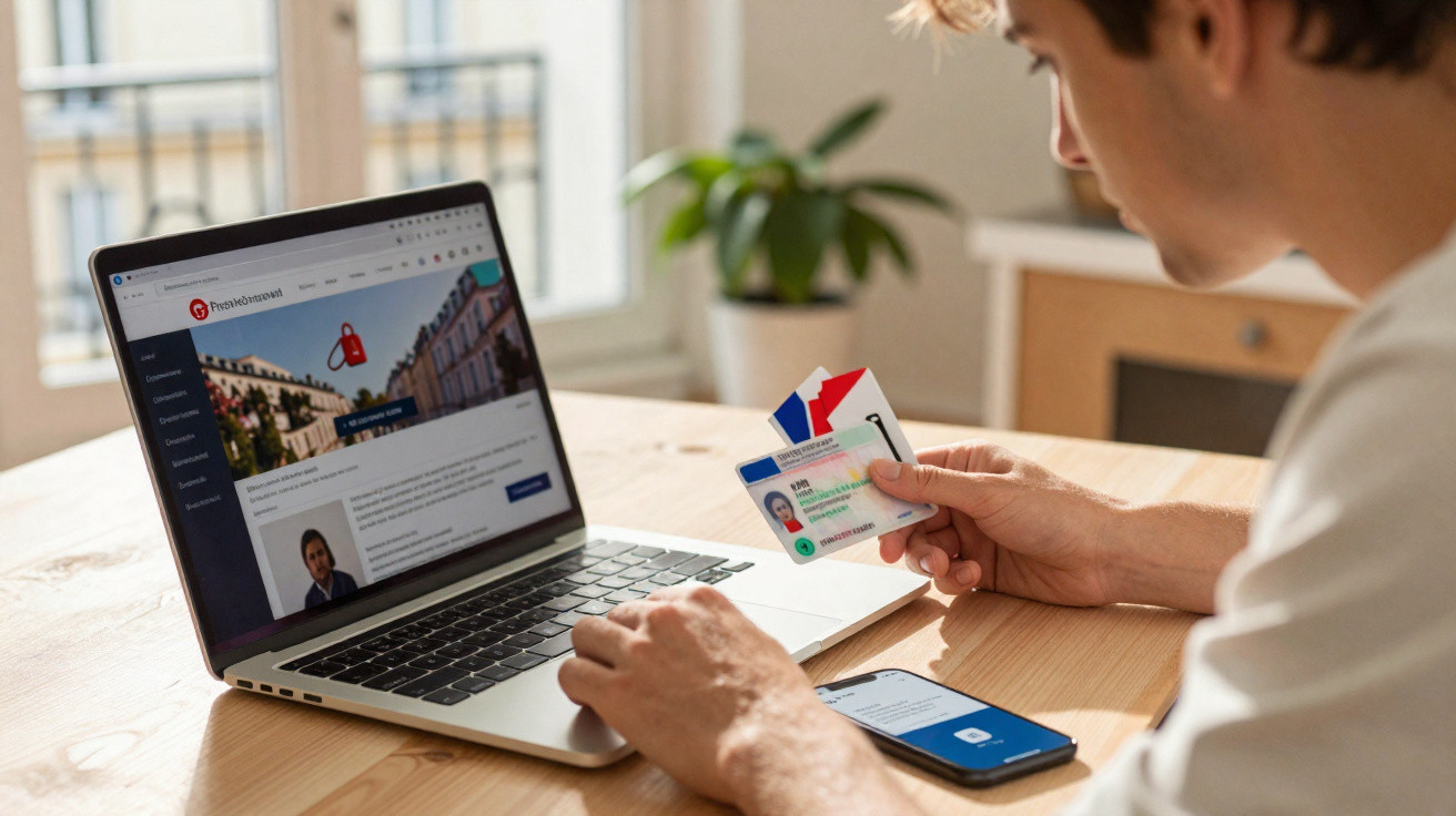 Pessoa segurando cartões de identificação junto a um laptop com site de autenticação aberto e smartphone sobre mesa.