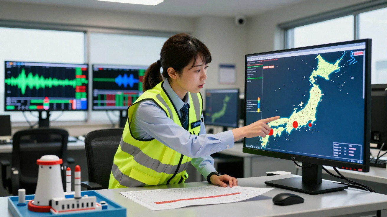 Mulher com colete refletivo aponta para mapa digital do Japão em monitor de escritório moderno.