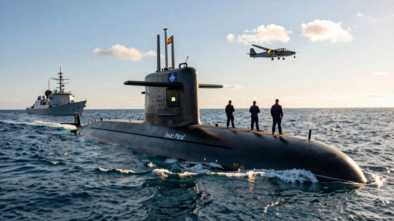 Submarino militar com três tripulantes na superfície, navio de guerra e avião ao fundo, mar calmo.