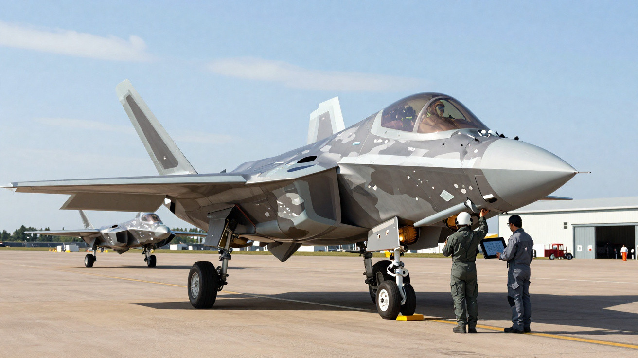 Aviões militares de caça esperando na pista com dois técnicos realizando inspeção.
