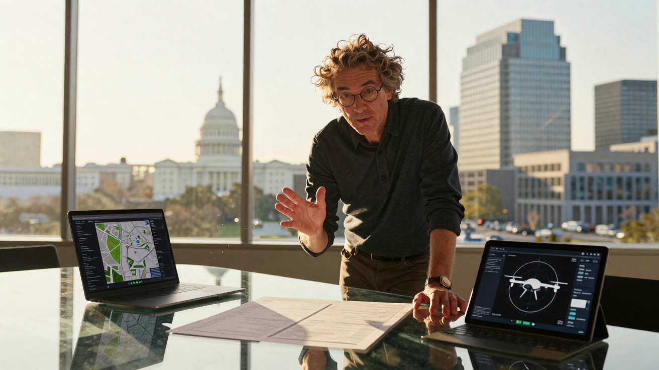 Homem falando e mostrando mapas e imagens de drone em laptops em escritório com vista para prédio do governo.