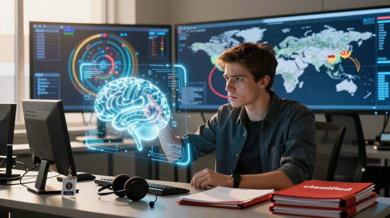 Jovem analista interage com holograma de cérebro em escritório com monitores de dados e mapas.