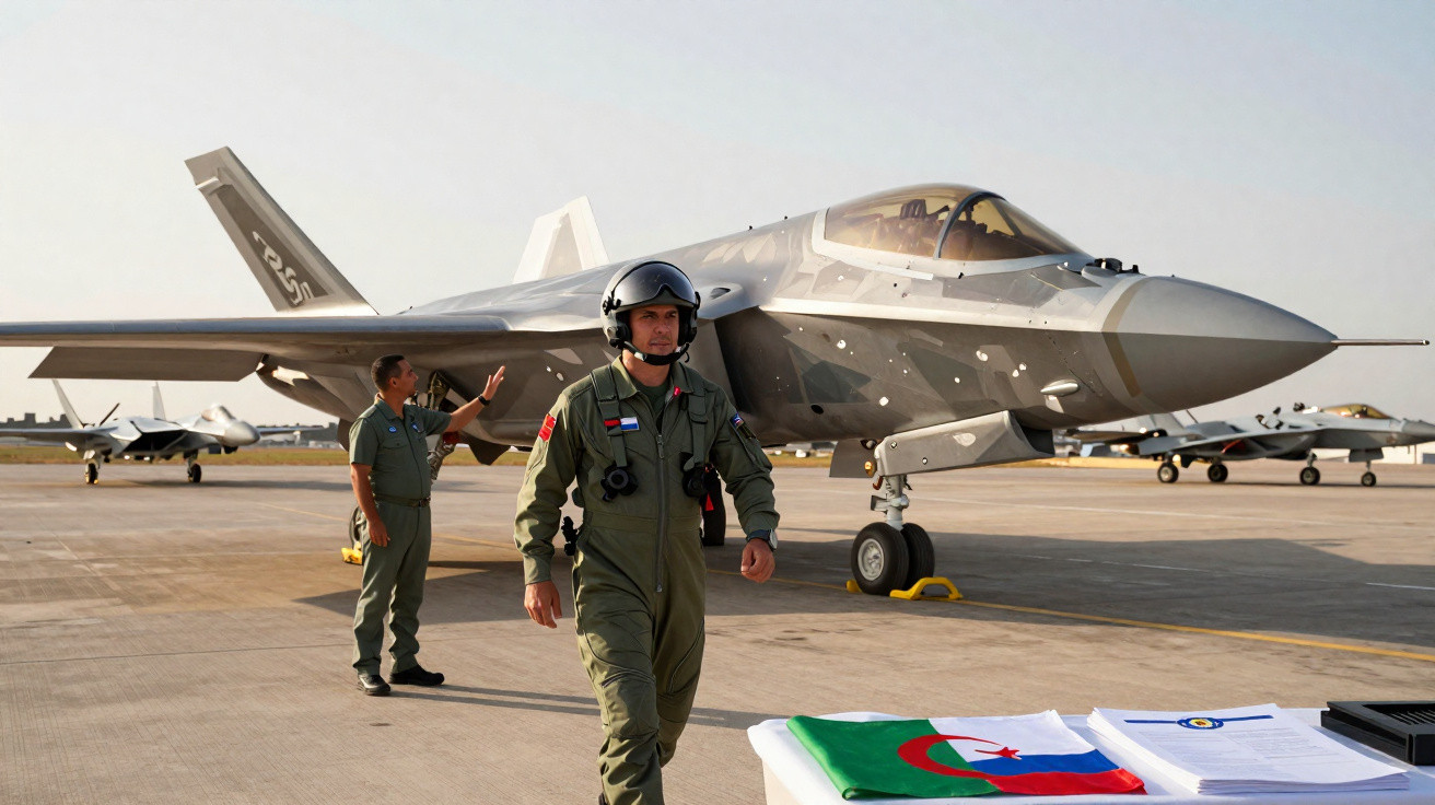 Piloto e oficial em uniforme militar próximos a caças F-35 estacionados em pista de aeroporto durante o dia.