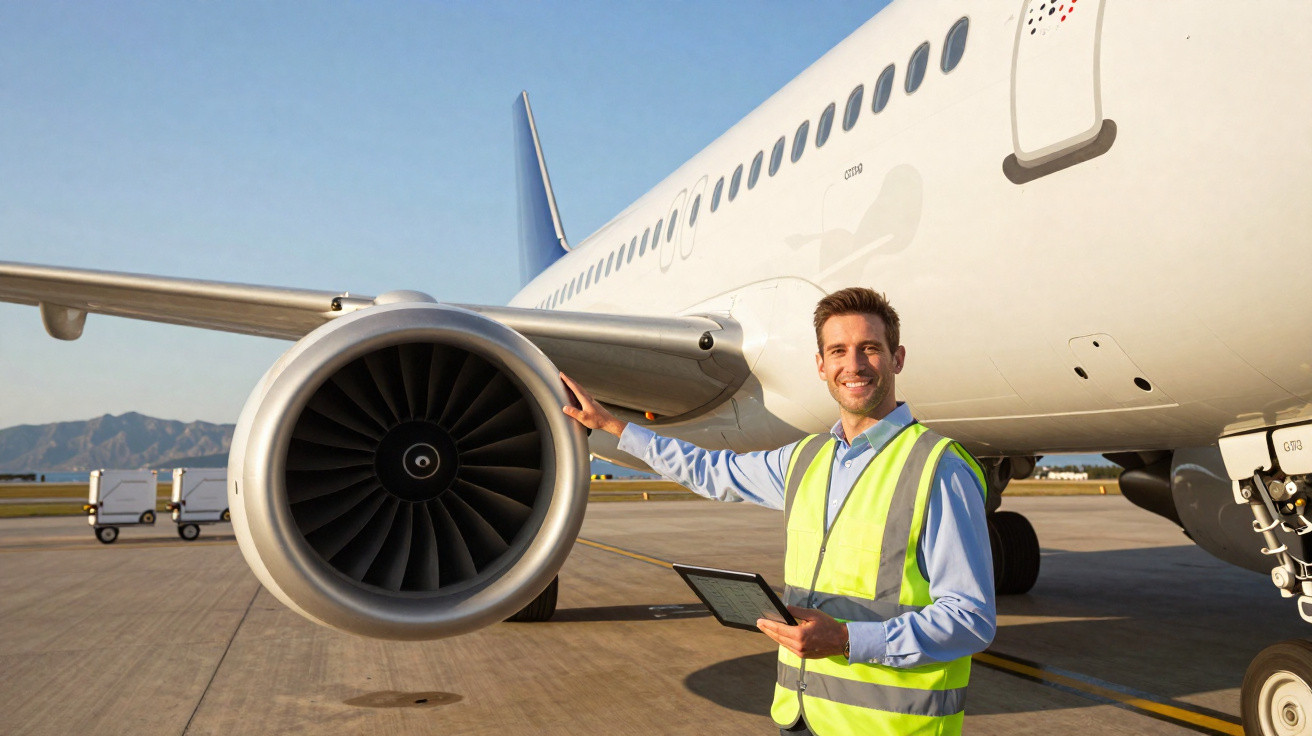 Homem com colete refletivo segurando tablet junto a motor de avião estacionado no aeroporto.